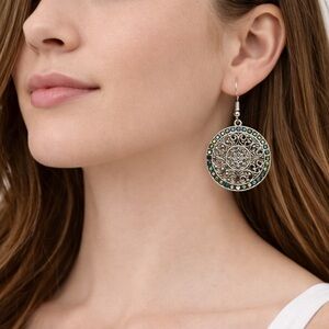 Silver Filigree Earrings with Iridescent Green Rhinestones